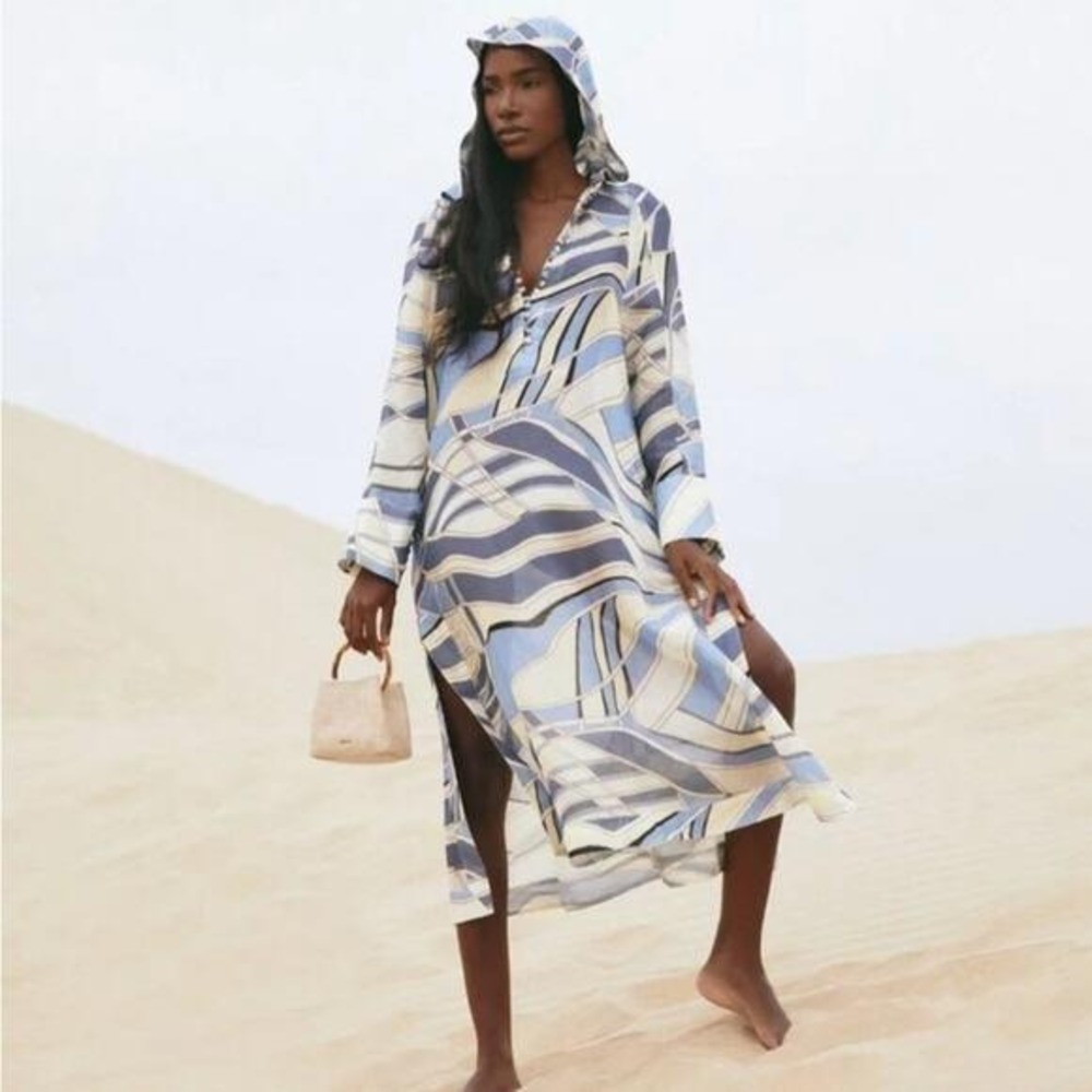 Cult Gaia Inga Hooded Dress Blue Wave Abstract Print Midi Dress Long Sleeve- S‎